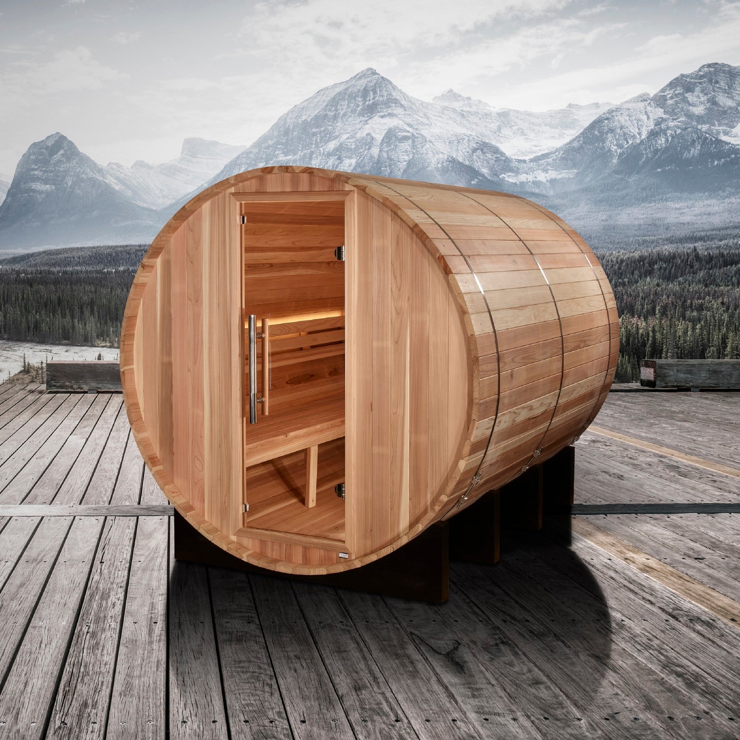Aura Klosters barrel sauna view