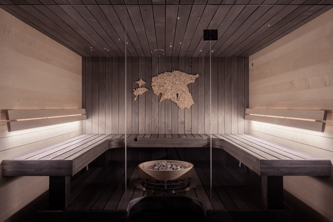 Warm cedar sauna interior with glowing panels