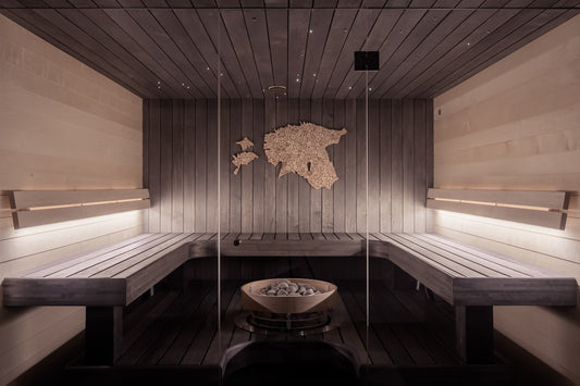Warm cedar sauna interior with glowing panels