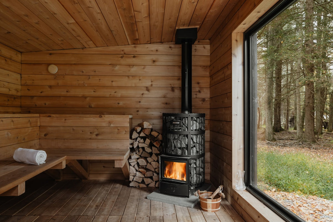 Wood-burning sauna cabin in a forest