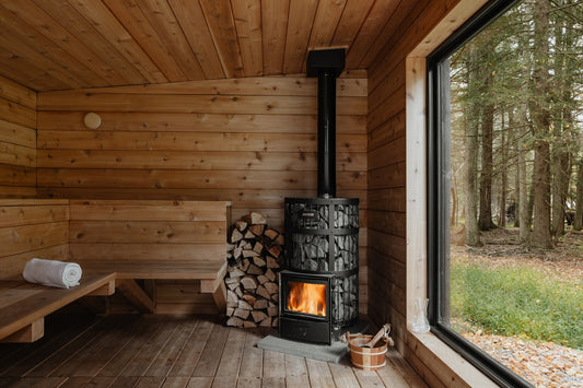 Wood-burning sauna cabin in a forest
