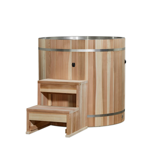 Aura stainless steel barrel cold plunge with cedar exterior