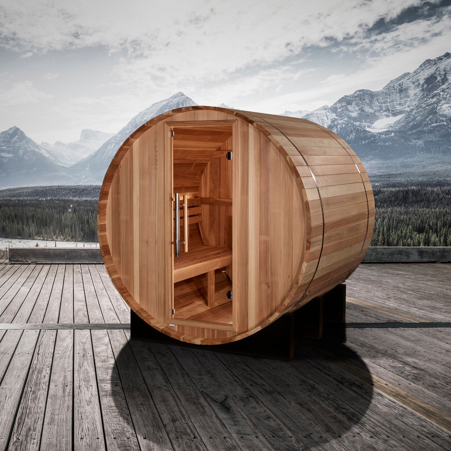 Aura St. Moritz barrel sauna view
