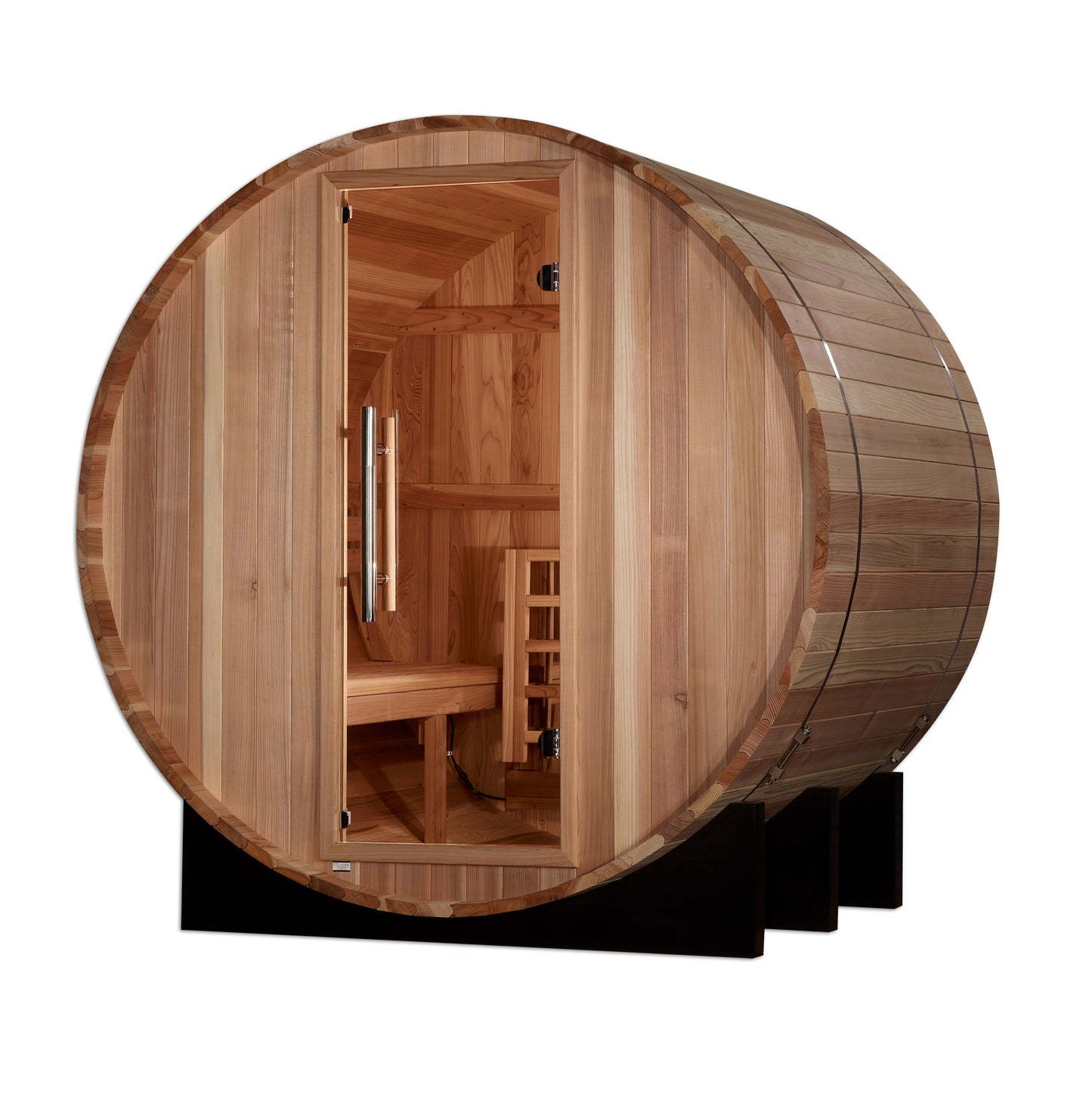 Aura St. Moritz barrel sauna interior angle