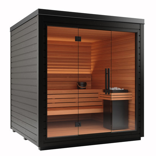 Aura Grove 4-Person Outdoor Barrel Sauna — black spruce exterior, full glass front, lush garden setting