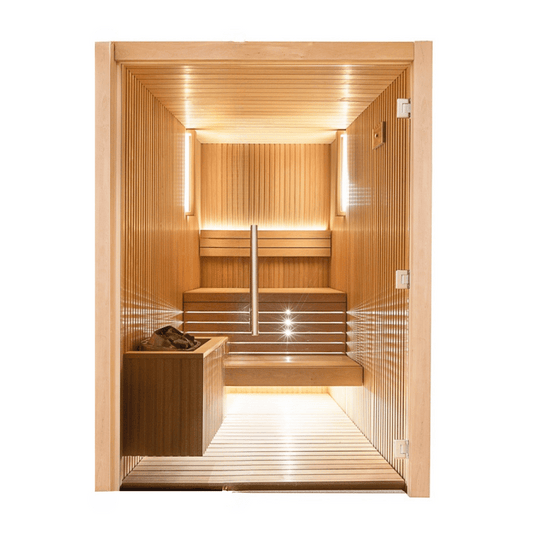 Aura Elite 4-Person Infrared Sauna — floor-to-ceiling glass wall, thermo-aspen interior