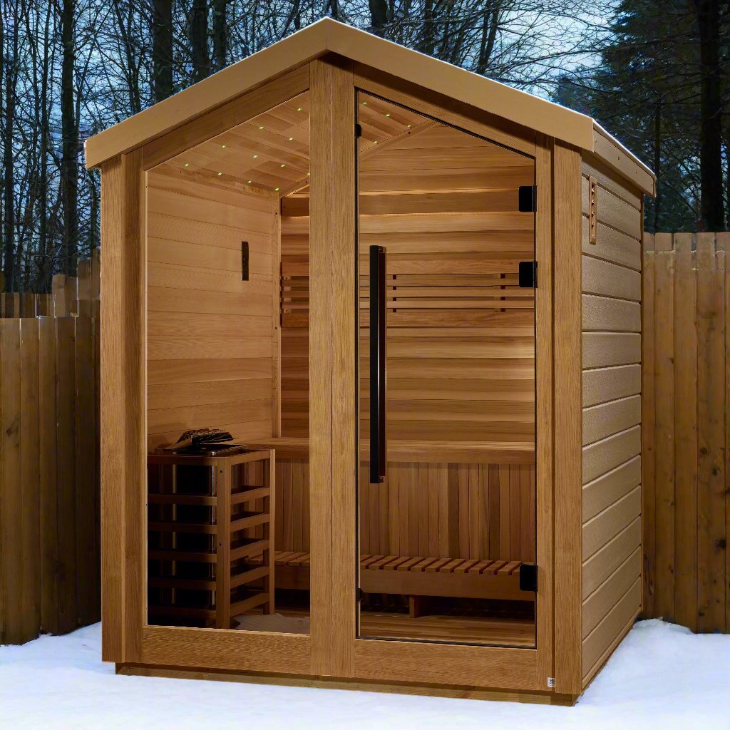 Aura Savonlinna 3-Person Outdoor Traditional Steam Sauna — cedar interior detail