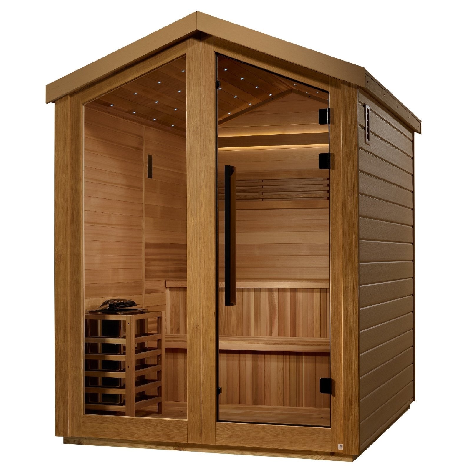 Aura Kaarina 6-Person Outdoor Traditional Steam Sauna — bench and lighting