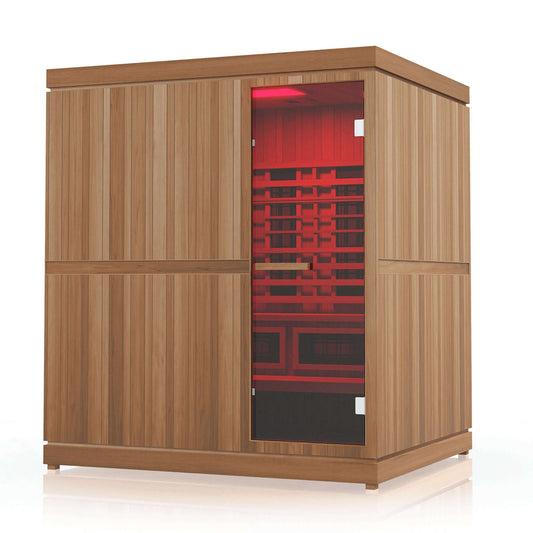 Aura Grand 6-Person Cedar Barrel Sauna — luxury cedar interior with glowing red light therapy panels